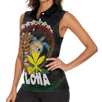 Aloha Hawaii Women Sleeveless Polo Shirt Kanaka Maoli with Polynesian Spiral Plumeria