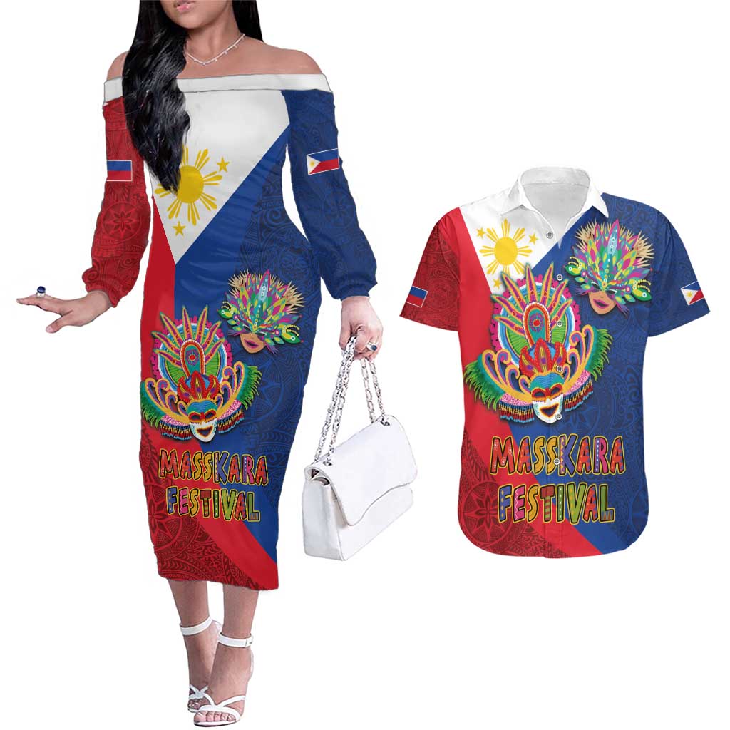 Philippines MassKara Couples Matching Off The Shoulder Long Sleeve Dress and Hawaiian Shirt Filipino Carnival Mask and Polynesian Pattern