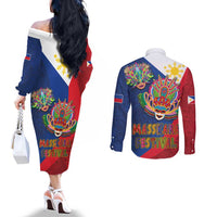 Philippines MassKara Couples Matching Off The Shoulder Long Sleeve Dress and Long Sleeve Button Shirt Filipino Carnival Mask and Polynesian Pattern