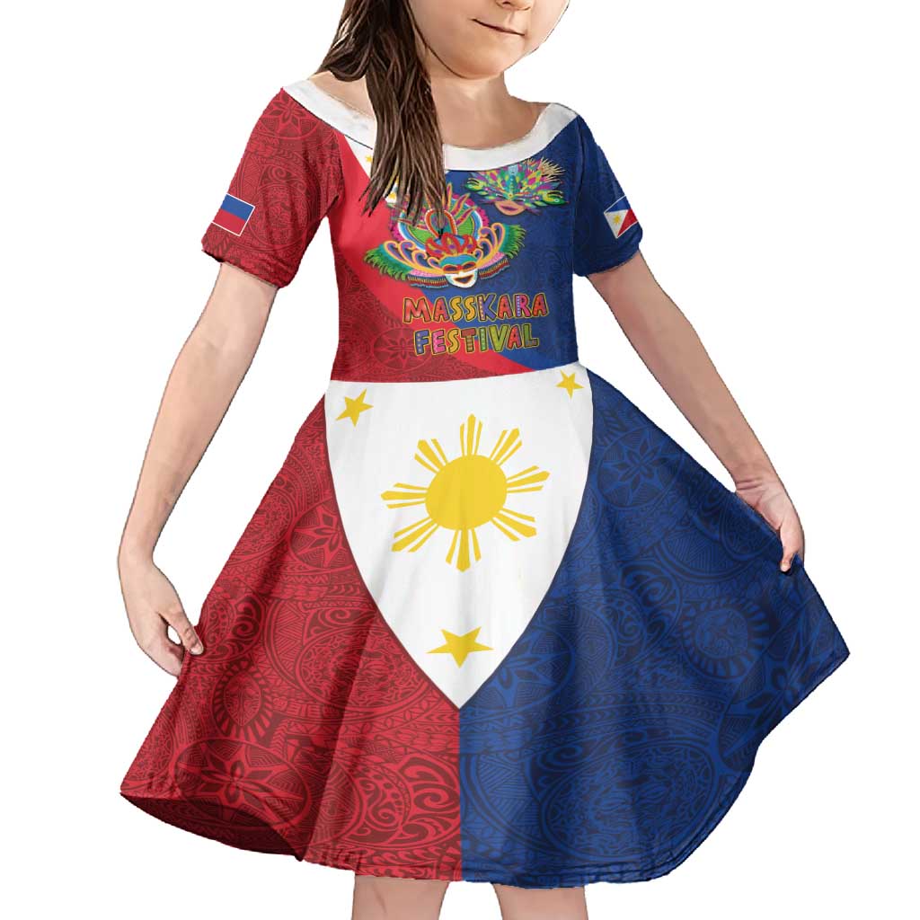 Philippines MassKara Family Matching Long Sleeve Bodycon Dress and Hawaiian Shirt Filipino Carnival Mask and Polynesian Pattern LT03 Daughter's Dress Blue - Polynesian Pride