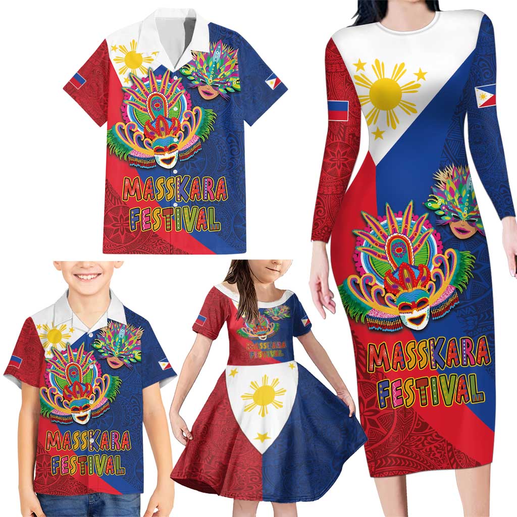Philippines MassKara Family Matching Long Sleeve Bodycon Dress and Hawaiian Shirt Filipino Carnival Mask and Polynesian Pattern LT03 - Polynesian Pride