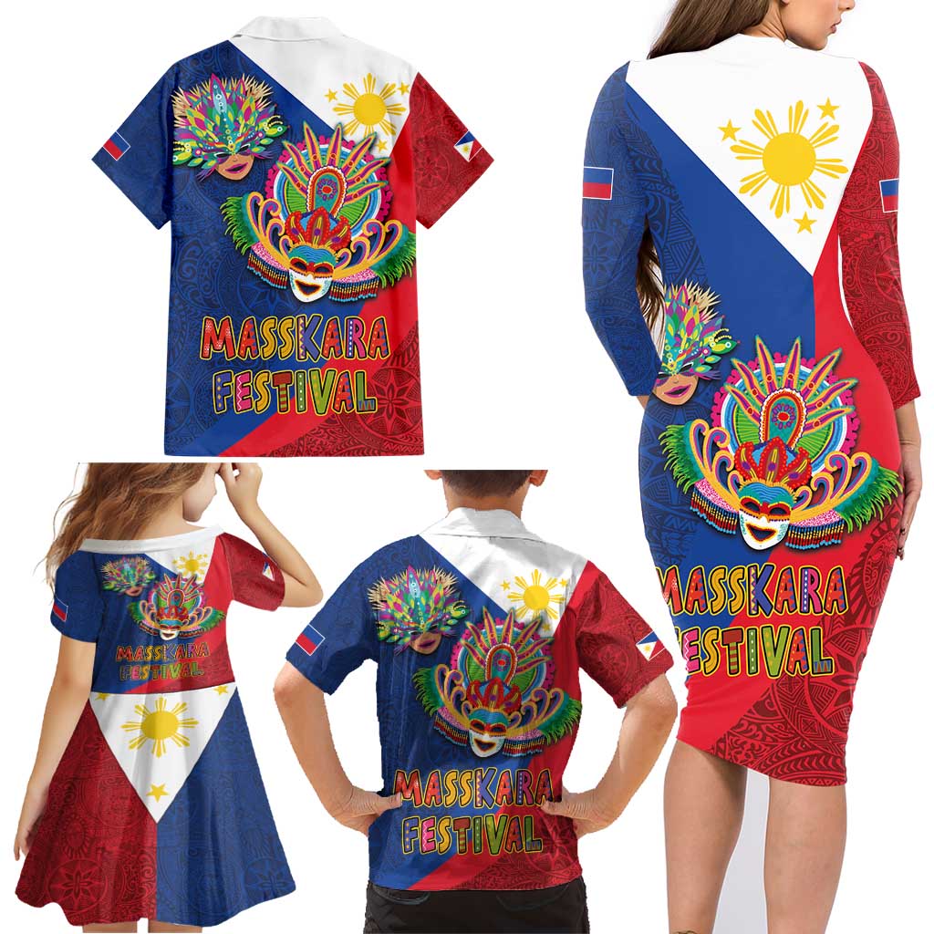Philippines MassKara Family Matching Long Sleeve Bodycon Dress and Hawaiian Shirt Filipino Carnival Mask and Polynesian Pattern LT03 - Polynesian Pride