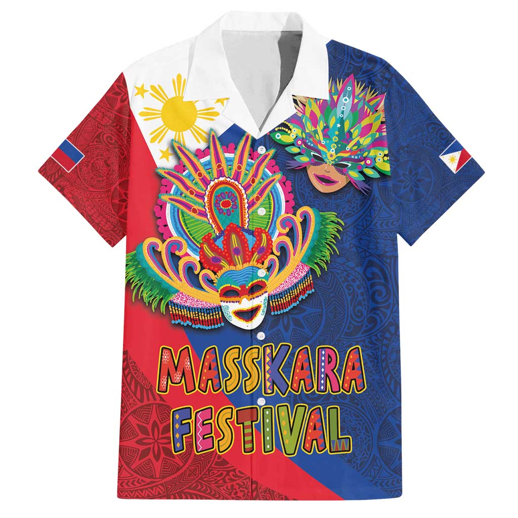 Philippines MassKara Family Matching Long Sleeve Bodycon Dress and Hawaiian Shirt Filipino Carnival Mask and Polynesian Pattern LT03 Dad's Shirt - Short Sleeve Blue - Polynesian Pride