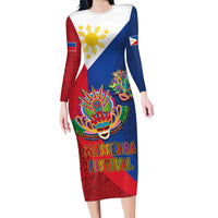 Philippines MassKara Family Matching Long Sleeve Bodycon Dress and Hawaiian Shirt Filipino Carnival Mask and Polynesian Pattern LT03 Mom's Dress Blue - Polynesian Pride