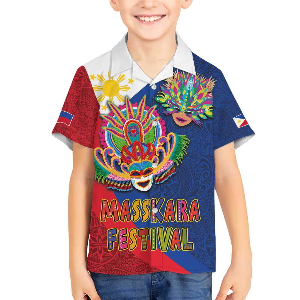 Philippines MassKara Family Matching Long Sleeve Bodycon Dress and Hawaiian Shirt Filipino Carnival Mask and Polynesian Pattern LT03 Son's Shirt Blue - Polynesian Pride