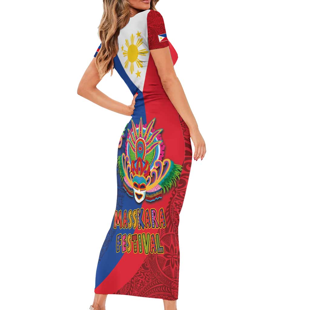 Philippines MassKara Family Matching Short Sleeve Bodycon Dress and Hawaiian Shirt Filipino Carnival Mask and Polynesian Pattern
