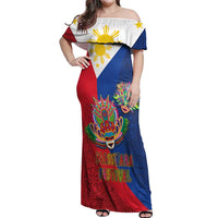 Philippines MassKara Off Shoulder Maxi Dress Filipino Carnival Mask and Polynesian Pattern LT03 Women Blue - Polynesian Pride