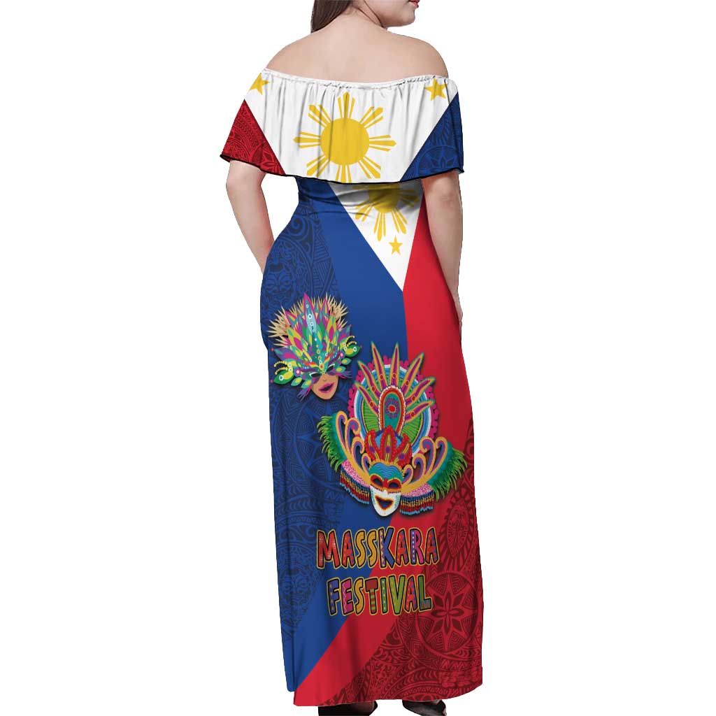 Philippines MassKara Off Shoulder Maxi Dress Filipino Carnival Mask and Polynesian Pattern LT03 - Polynesian Pride