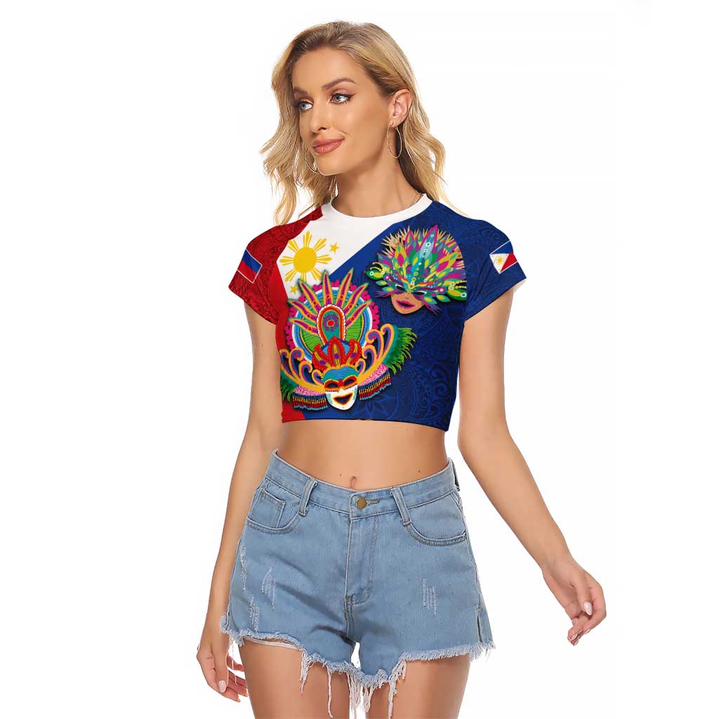 Philippines MassKara Raglan Cropped T Shirt Filipino Carnival Mask and Polynesian Pattern LT03 Female Blue - Polynesian Pride