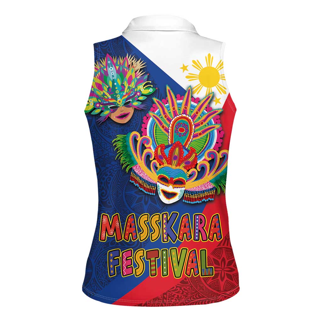 Philippines MassKara Women Sleeveless Polo Shirt Filipino Carnival Mask and Polynesian Pattern LT03 - Polynesian Pride