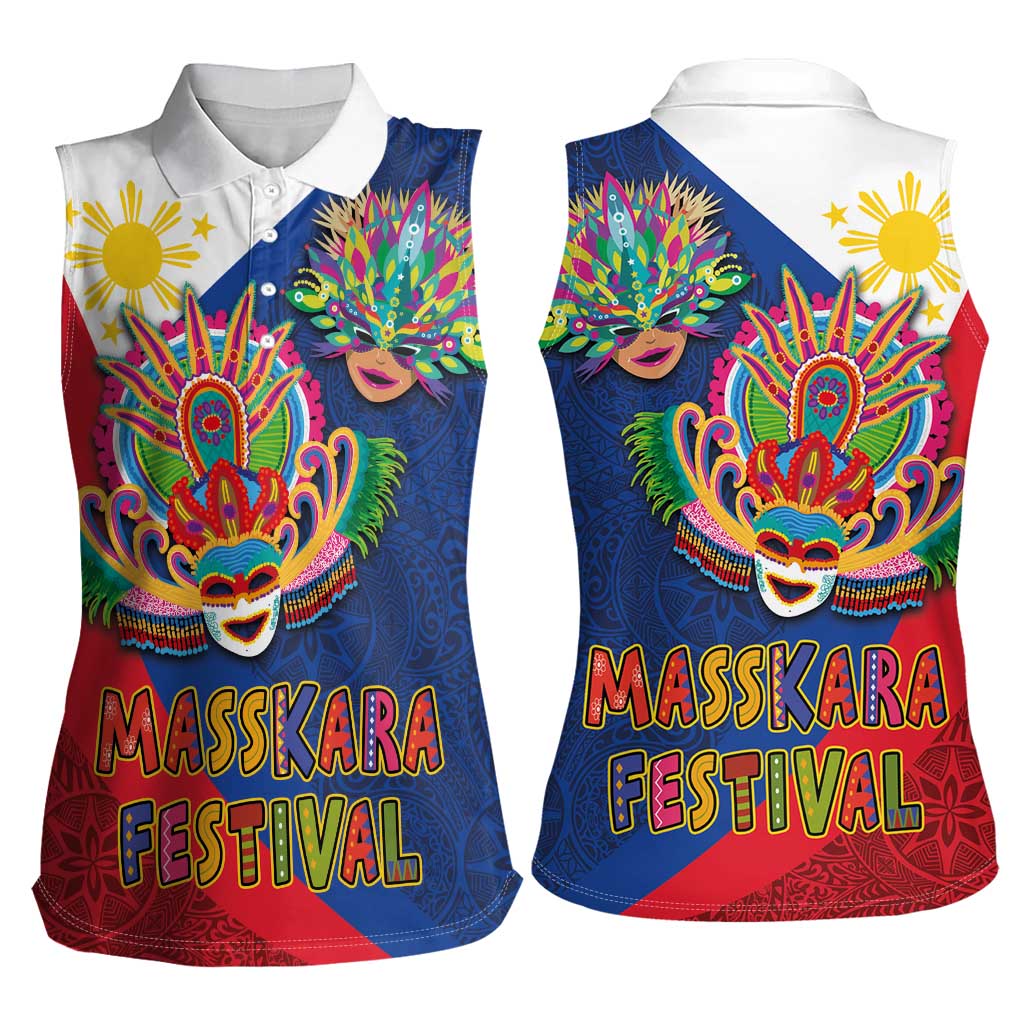 Philippines MassKara Women Sleeveless Polo Shirt Filipino Carnival Mask and Polynesian Pattern LT03 - Polynesian Pride