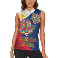 Philippines MassKara Women Sleeveless Polo Shirt Filipino Carnival Mask and Polynesian Pattern LT03 - Polynesian Pride