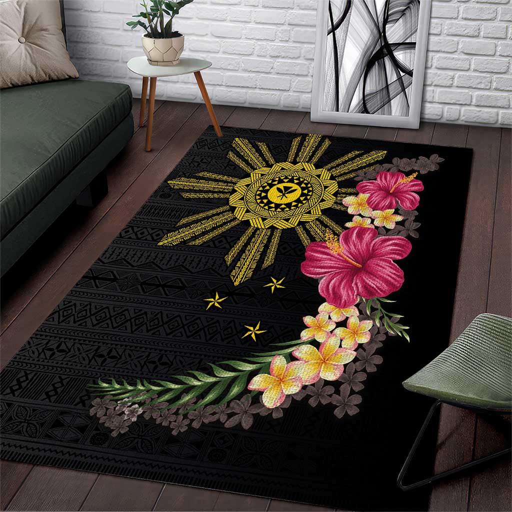 Hawaii and Philippines Together Area Rug Hibiscus Flower and Sun Badge Polynesian Pattern Coloful LT03 Black - Polynesian Pride
