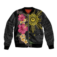 Hawaii and Philippines Together Bomber Jacket Hibiscus Flower and Sun Badge Polynesian Pattern Coloful