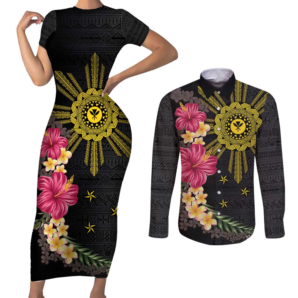 Hawaii and Philippines Together Couples Matching Short Sleeve Bodycon Dress and Long Sleeve Button Shirt Hibiscus Flower and Sun Badge Polynesian Pattern Coloful