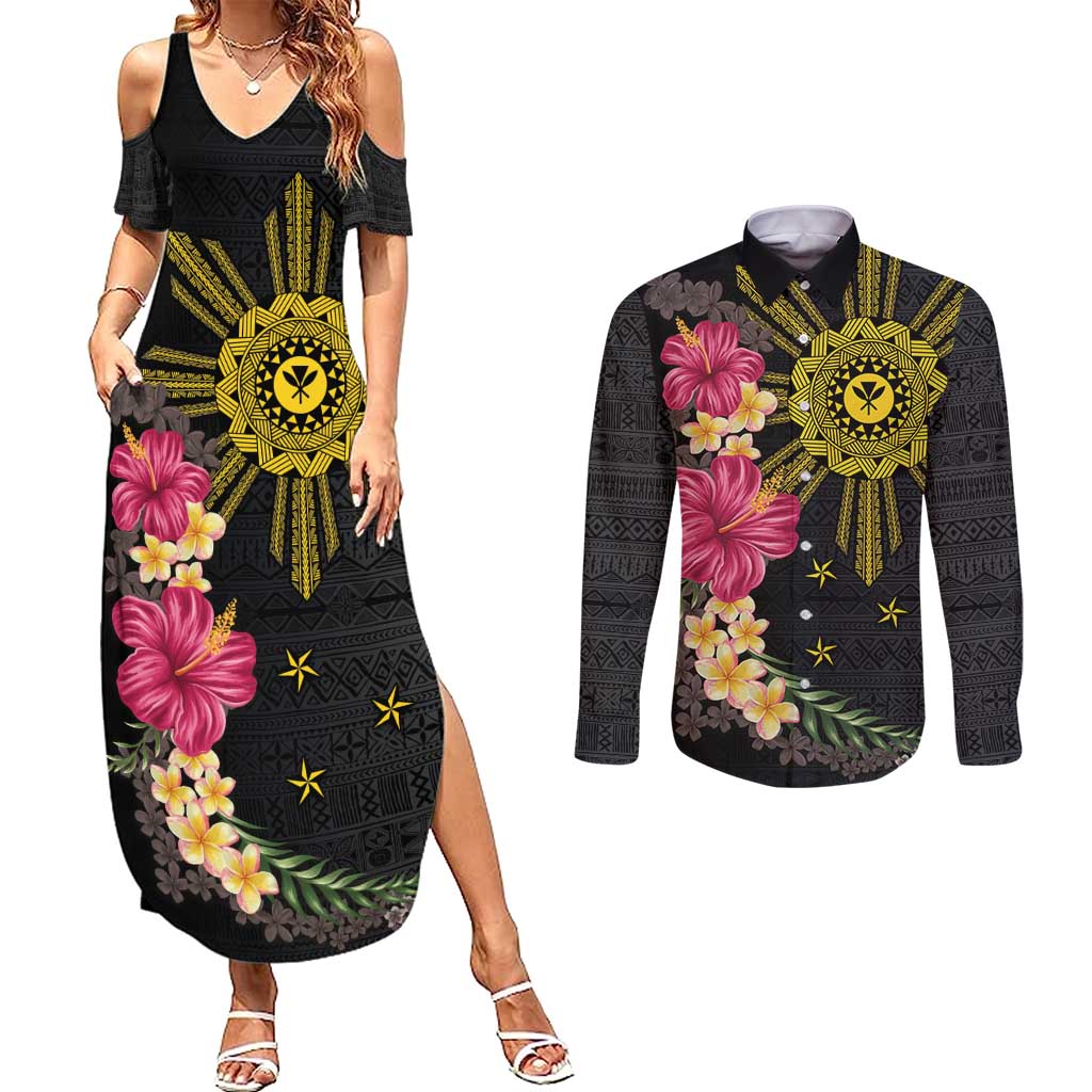 Hawaii and Philippines Together Couples Matching Summer Maxi Dress and Long Sleeve Button Shirt Hibiscus Flower and Sun Badge Polynesian Pattern Coloful