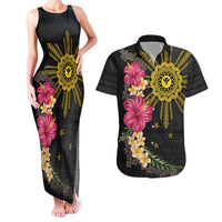 Hawaii and Philippines Together Couples Matching Tank Maxi Dress and Hawaiian Shirt Hibiscus Flower and Sun Badge Polynesian Pattern Coloful