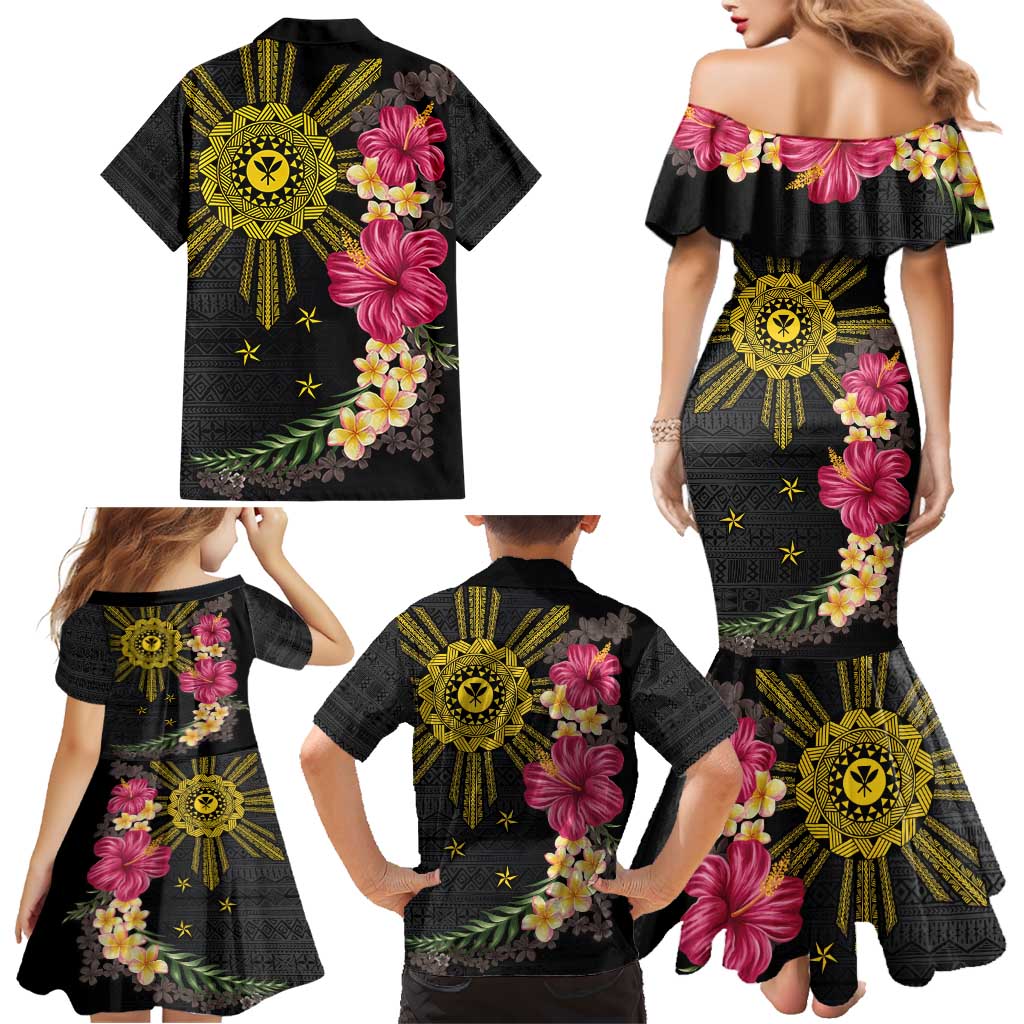 Hawaii and Philippines Together Family Matching Mermaid Dress and Hawaiian Shirt Hibiscus Flower and Sun Badge Polynesian Pattern Coloful