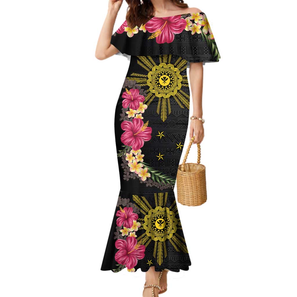Hawaii and Philippines Together Family Matching Mermaid Dress and Hawaiian Shirt Hibiscus Flower and Sun Badge Polynesian Pattern Coloful
