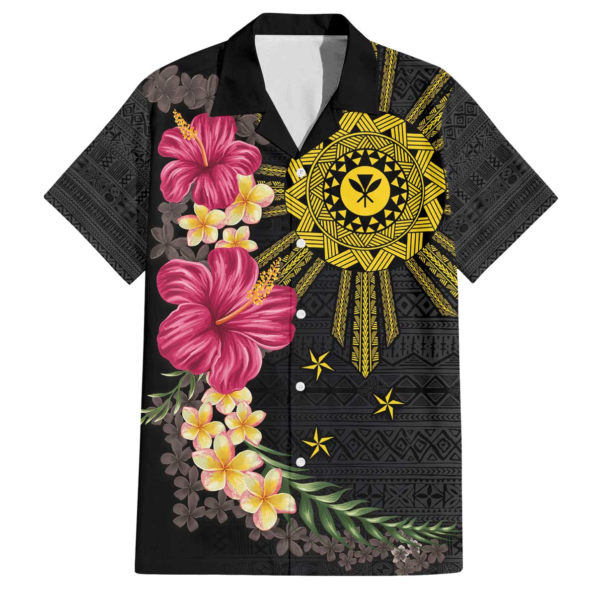 Hawaii and Philippines Together Family Matching Off The Shoulder Long Sleeve Dress and Hawaiian Shirt Hibiscus Flower and Sun Badge Polynesian Pattern Coloful