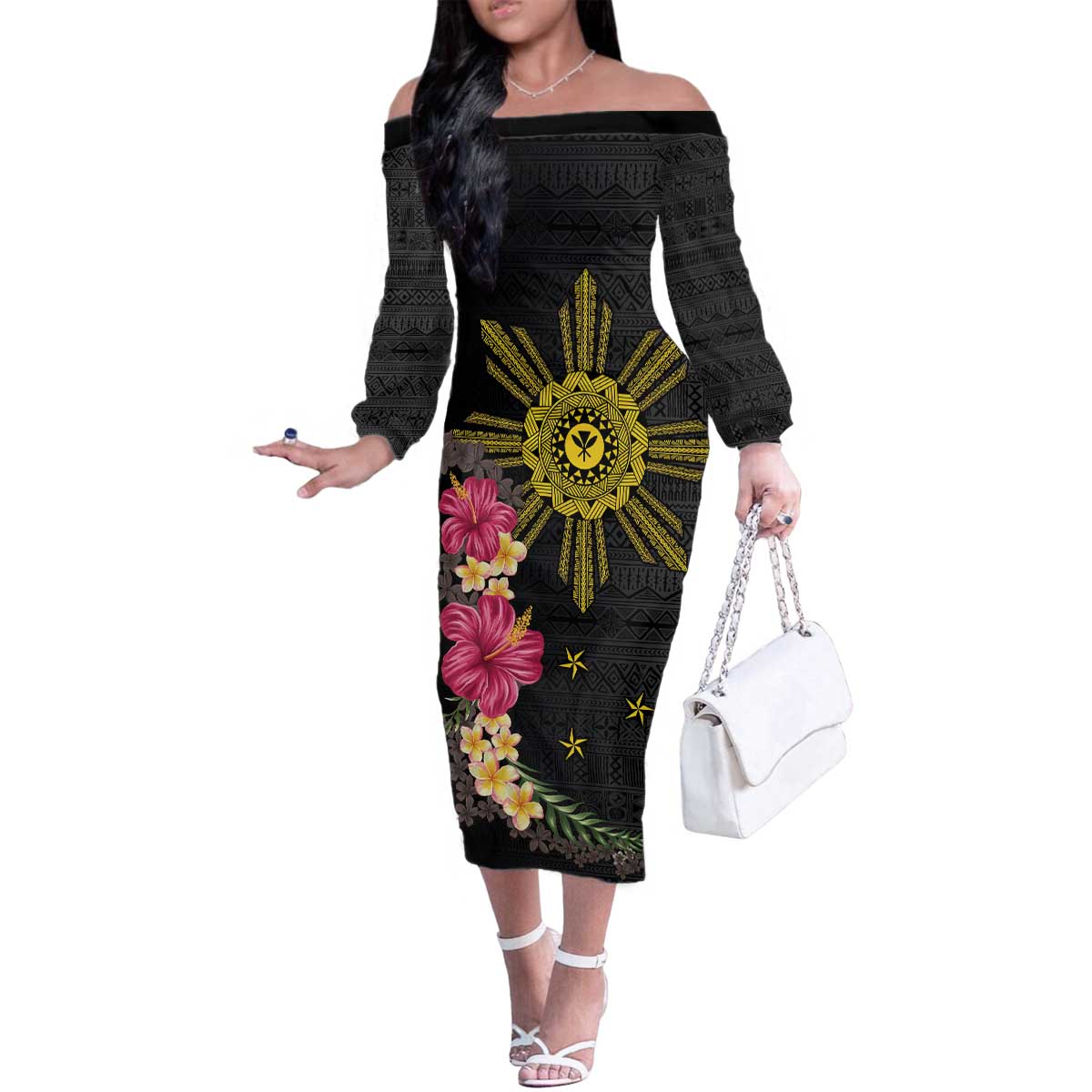 Hawaii and Philippines Together Family Matching Off The Shoulder Long Sleeve Dress and Hawaiian Shirt Hibiscus Flower and Sun Badge Polynesian Pattern Coloful