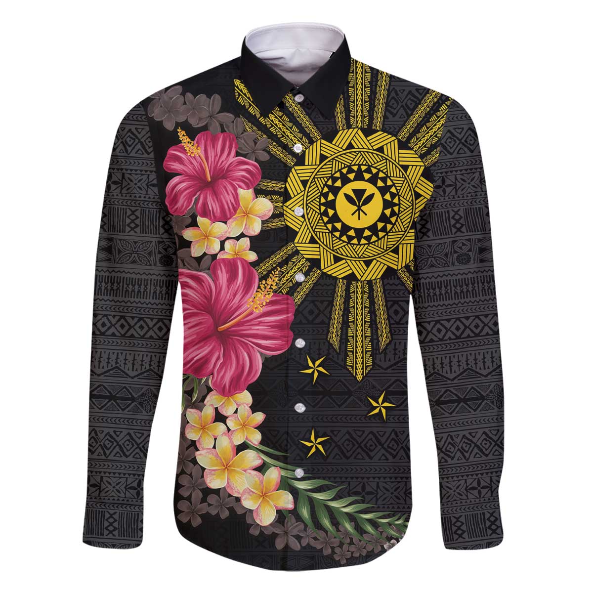 Hawaii and Philippines Together Family Matching Off Shoulder Short Dress and Hawaiian Shirt Hibiscus Flower and Sun Badge Polynesian Pattern Coloful