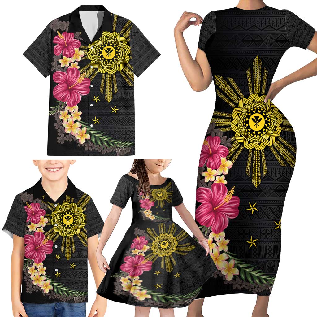 Hawaii and Philippines Together Family Matching Short Sleeve Bodycon Dress and Hawaiian Shirt Hibiscus Flower and Sun Badge Polynesian Pattern Coloful