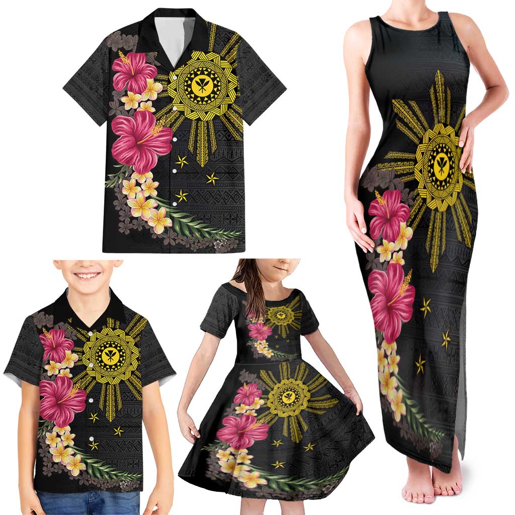 Hawaii and Philippines Together Family Matching Tank Maxi Dress and Hawaiian Shirt Hibiscus Flower and Sun Badge Polynesian Pattern Coloful
