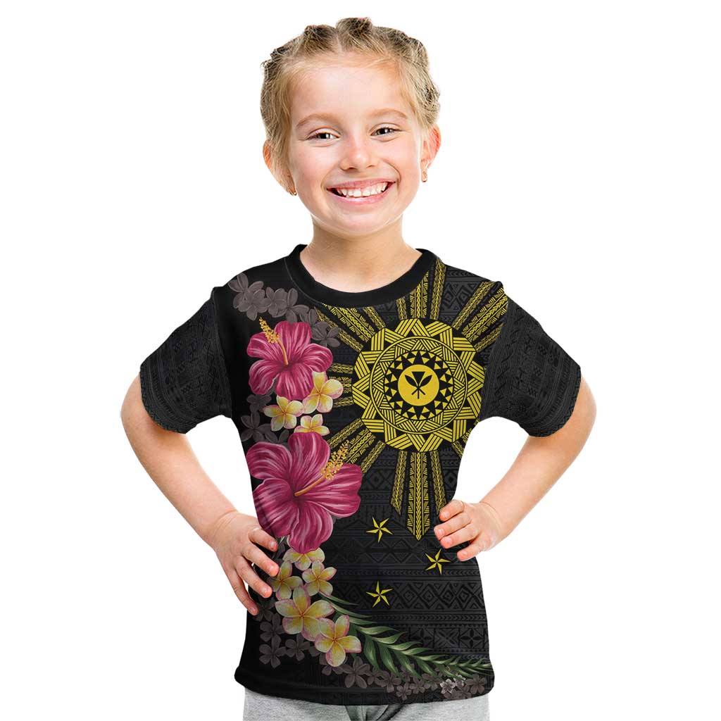 Hawaii and Philippines Together Kid T Shirt Hibiscus Flower and Sun Badge Polynesian Pattern Coloful LT03 Black - Polynesian Pride