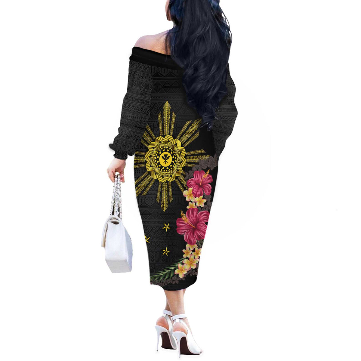 Hawaii and Philippines Together Off The Shoulder Long Sleeve Dress Hibiscus Flower and Sun Badge Polynesian Pattern Coloful