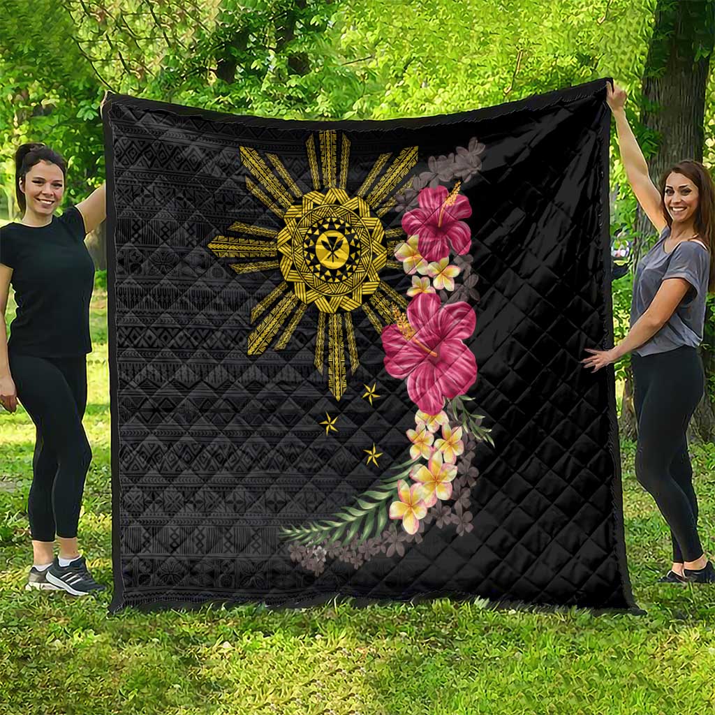 Hawaii and Philippines Together Quilt Hibiscus Flower and Sun Badge Polynesian Pattern Coloful