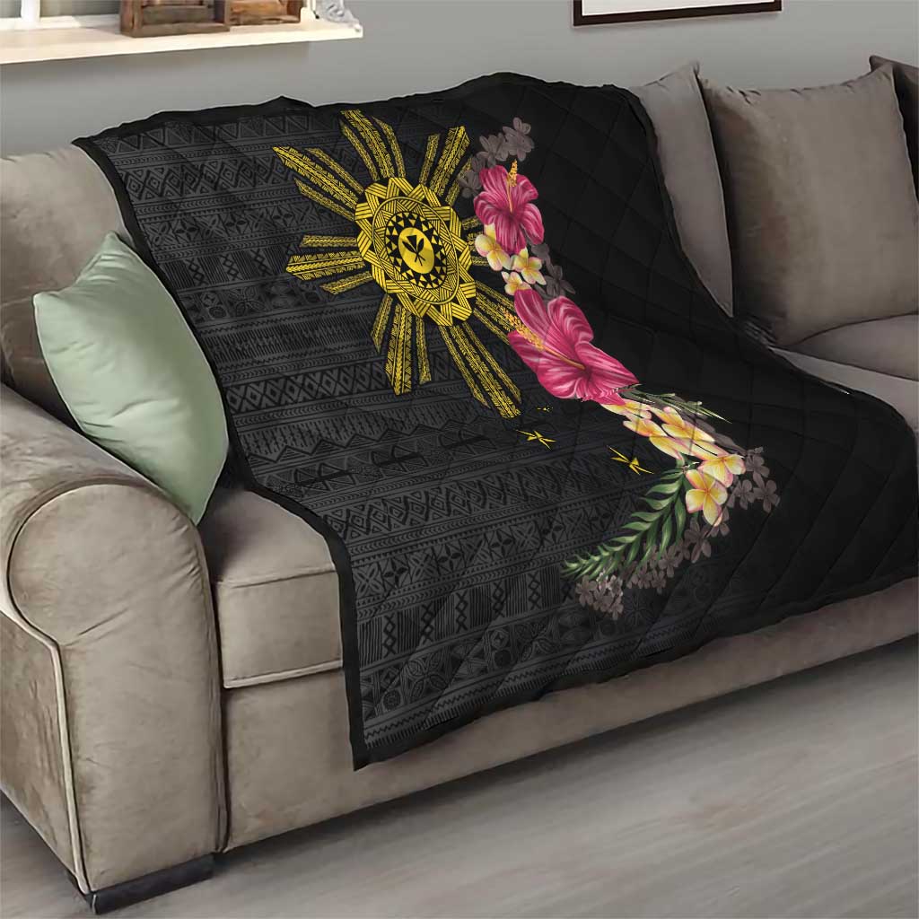 Hawaii and Philippines Together Quilt Hibiscus Flower and Sun Badge Polynesian Pattern Coloful