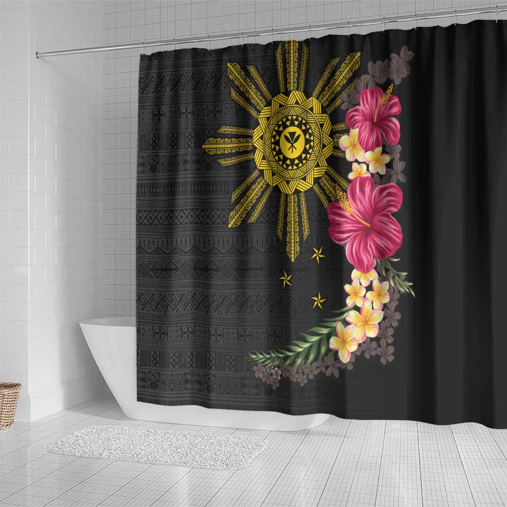 Hawaii and Philippines Together Shower Curtain Hibiscus Flower and Sun Badge Polynesian Pattern Coloful