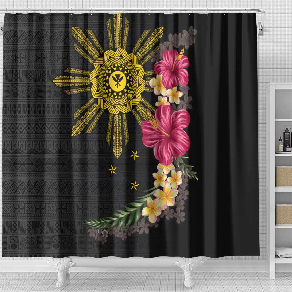 Hawaii and Philippines Together Shower Curtain Hibiscus Flower and Sun Badge Polynesian Pattern Coloful