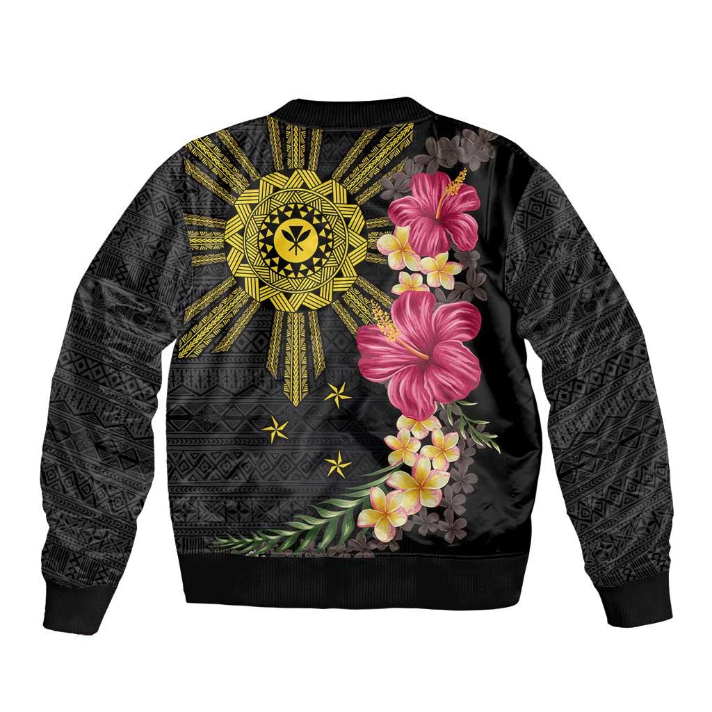 Hawaii and Philippines Together Sleeve Zip Bomber Jacket Hibiscus Flower and Sun Badge Polynesian Pattern Coloful