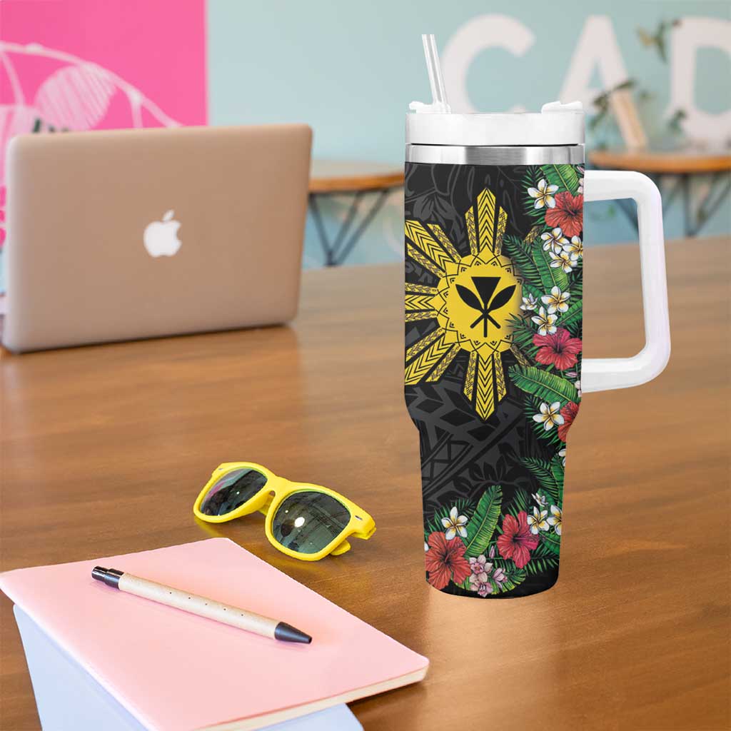 Hawaii and Philippines Together Tumbler With Handle Hibiscus Flower and Sun Badge Polynesian Pattern Coloful
