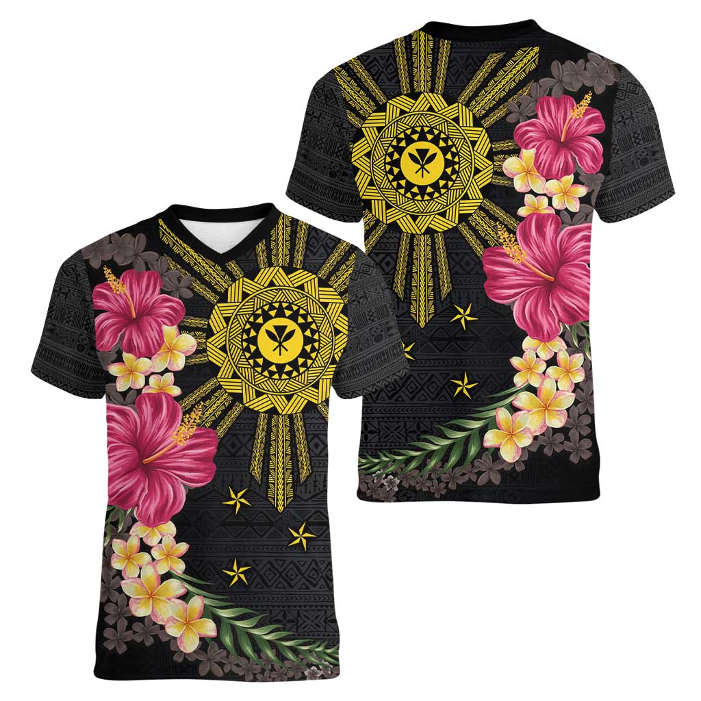 Hawaii and Philippines Together Women V-Neck T-Shirt Hibiscus Flower and Sun Badge Polynesian Pattern Coloful LT03 - Polynesian Pride
