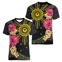 Hawaii and Philippines Together Women V-Neck T-Shirt Hibiscus Flower and Sun Badge Polynesian Pattern Coloful LT03 - Polynesian Pride