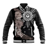 Hawaii and Philippines Together Baseball Jacket Hibiscus Flower and Sun Badge Polynesian Pattern Grayscale LT03 Unisex Black - Polynesian Pride