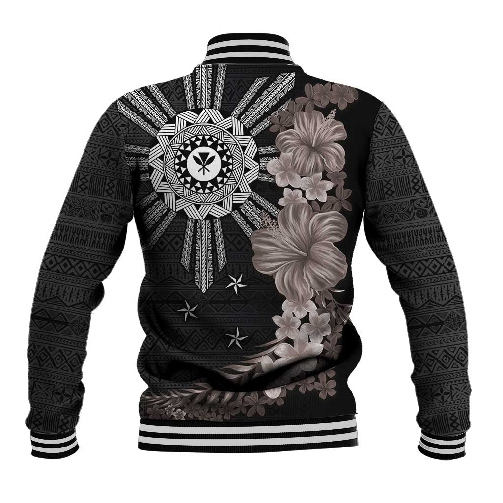 Hawaii and Philippines Together Baseball Jacket Hibiscus Flower and Sun Badge Polynesian Pattern Grayscale LT03 - Polynesian Pride