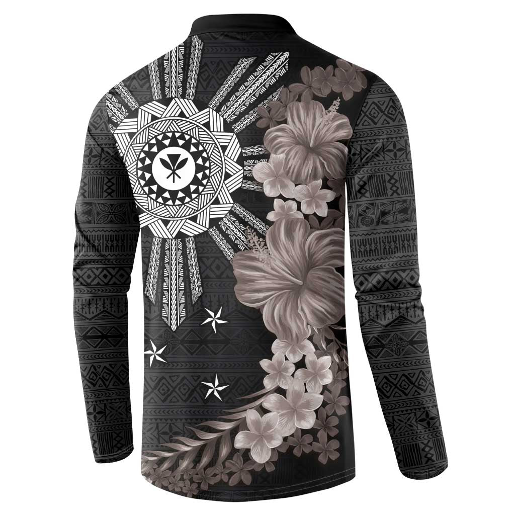 Hawaii and Philippines Together Button Sweatshirt Hibiscus Flower and Sun Badge Polynesian Pattern Grayscale
