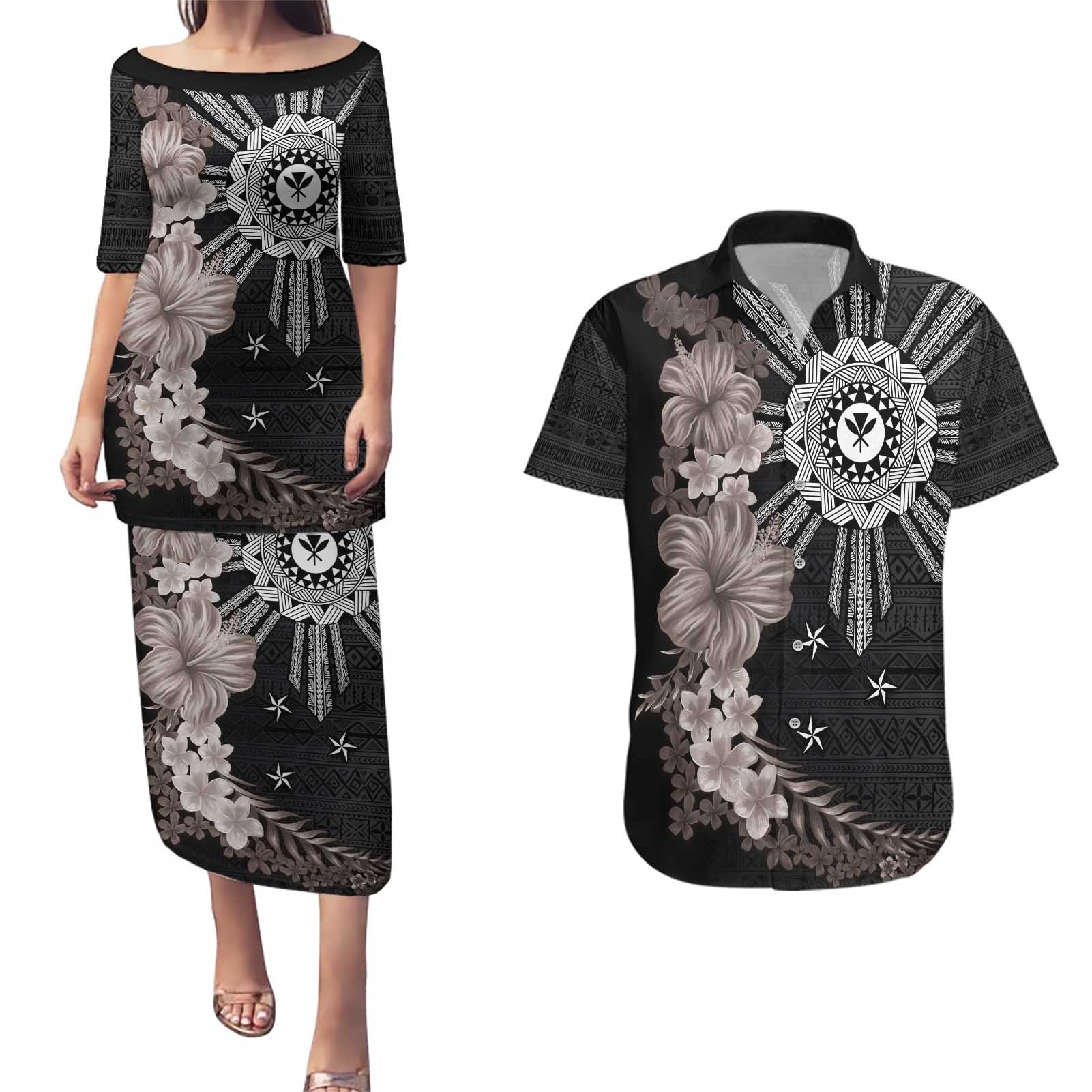 Hawaii and Philippines Together Couples Matching Puletasi and Hawaiian Shirt Hibiscus Flower and Sun Badge Polynesian Pattern Grayscale