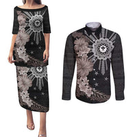 Hawaii and Philippines Together Couples Matching Puletasi and Long Sleeve Button Shirt Hibiscus Flower and Sun Badge Polynesian Pattern Grayscale