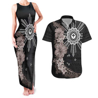 Hawaii and Philippines Together Couples Matching Tank Maxi Dress and Hawaiian Shirt Hibiscus Flower and Sun Badge Polynesian Pattern Grayscale