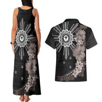 Hawaii and Philippines Together Couples Matching Tank Maxi Dress and Hawaiian Shirt Hibiscus Flower and Sun Badge Polynesian Pattern Grayscale