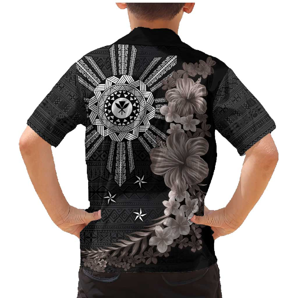 Hawaii and Philippines Together Family Matching Mermaid Dress and Hawaiian Shirt Hibiscus Flower and Sun Badge Polynesian Pattern Grayscale