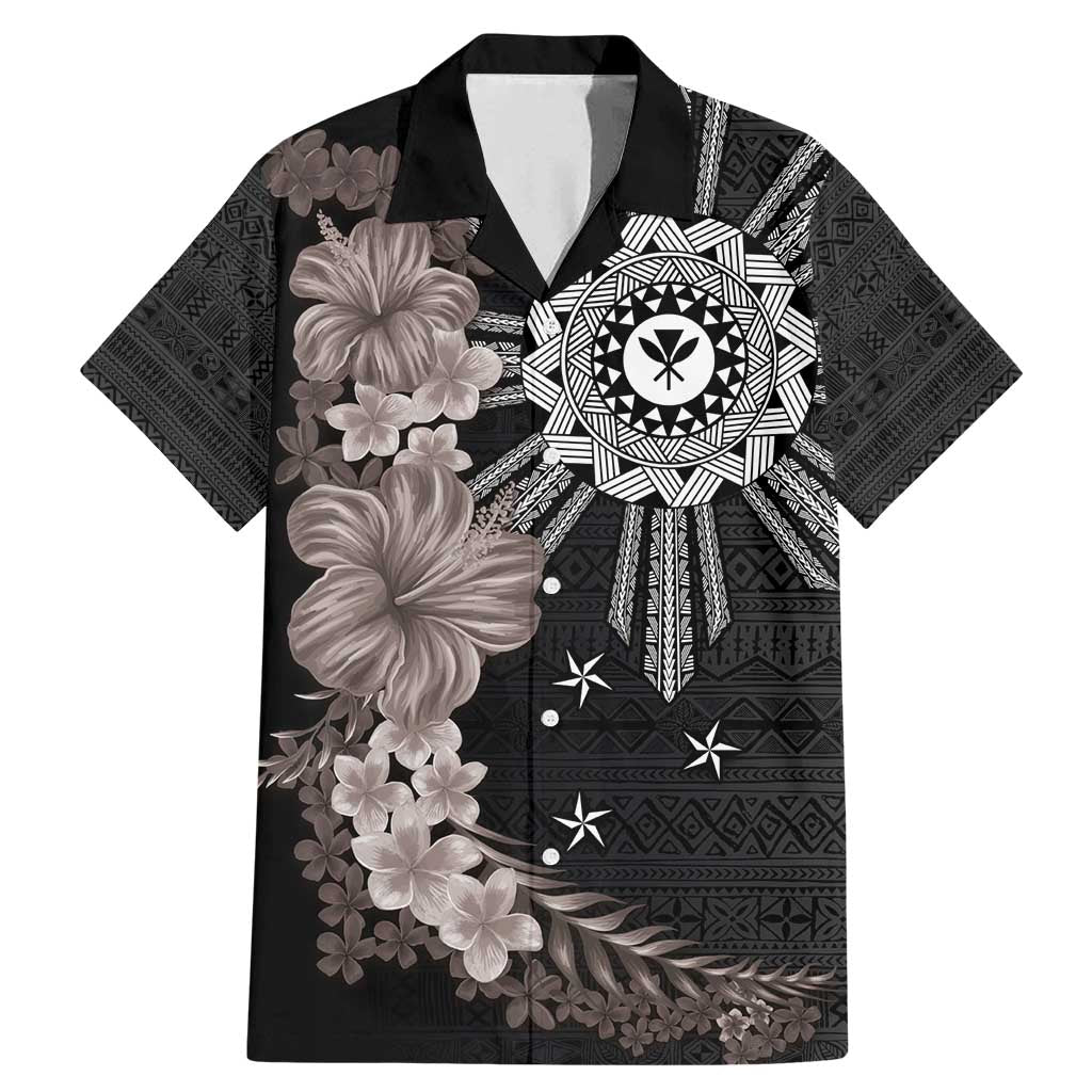 Hawaii and Philippines Together Family Matching Mermaid Dress and Hawaiian Shirt Hibiscus Flower and Sun Badge Polynesian Pattern Grayscale