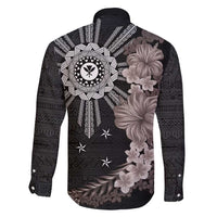 Hawaii and Philippines Together Family Matching Mermaid Dress and Hawaiian Shirt Hibiscus Flower and Sun Badge Polynesian Pattern Grayscale