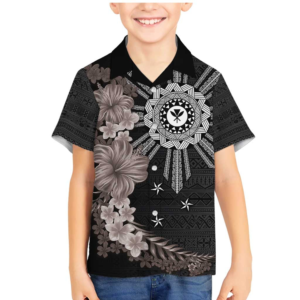 Hawaii and Philippines Together Family Matching Mermaid Dress and Hawaiian Shirt Hibiscus Flower and Sun Badge Polynesian Pattern Grayscale