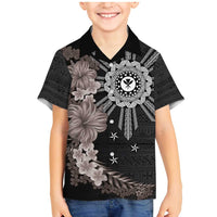 Hawaii and Philippines Together Family Matching Mermaid Dress and Hawaiian Shirt Hibiscus Flower and Sun Badge Polynesian Pattern Grayscale
